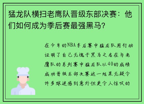 猛龙队横扫老鹰队晋级东部决赛：他们如何成为季后赛最强黑马？