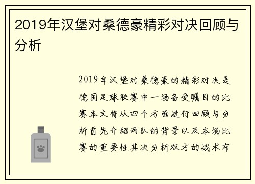 2019年汉堡对桑德豪精彩对决回顾与分析